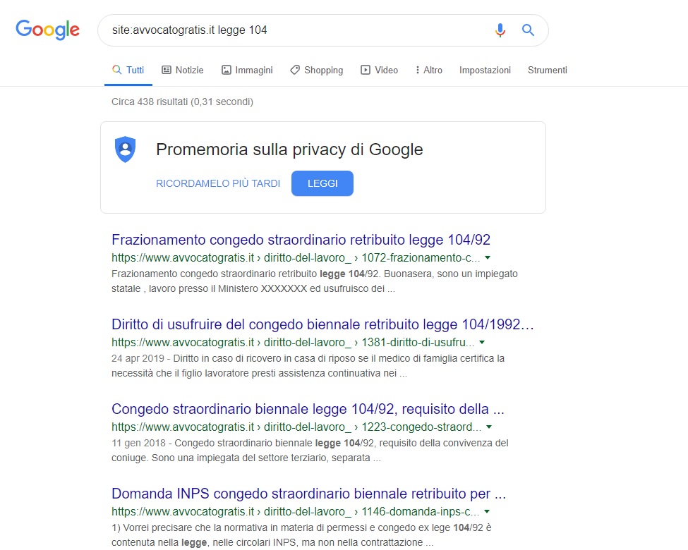 ricerca contenuti usando google